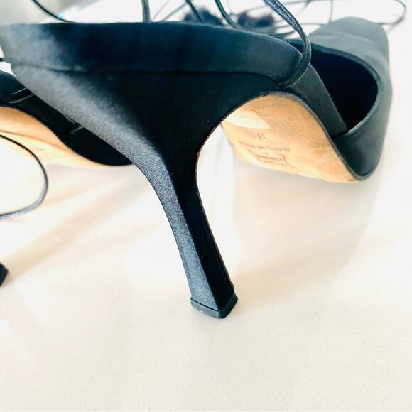 JIMMY CHOO Classic Black Pointy Toe Open Fur Pom Tie Wrap Heeled Mules Shoes 36 - Picture 10 of 16